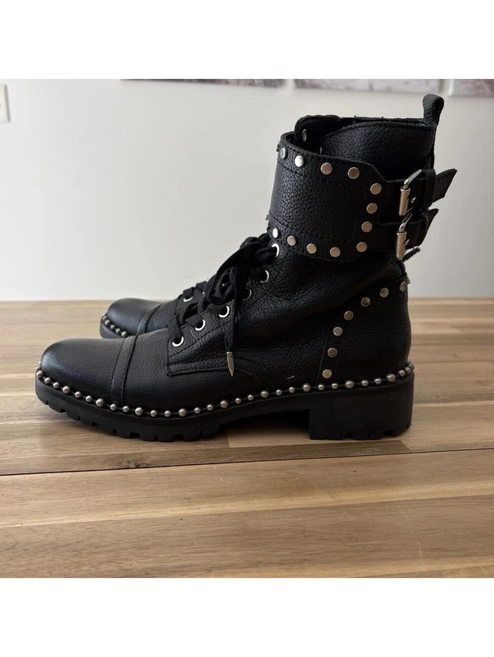 Sam Edelman Jennifer Combat Moto Goth Black Leather Studded Boots 7.5